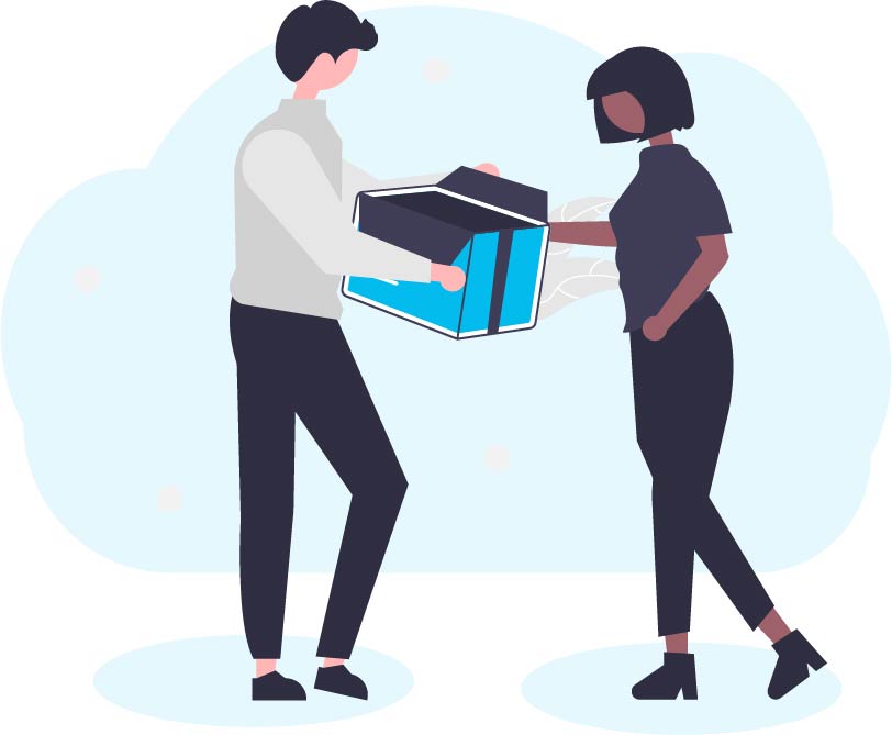 Drawing of a woman receiving a cardboard box from a man